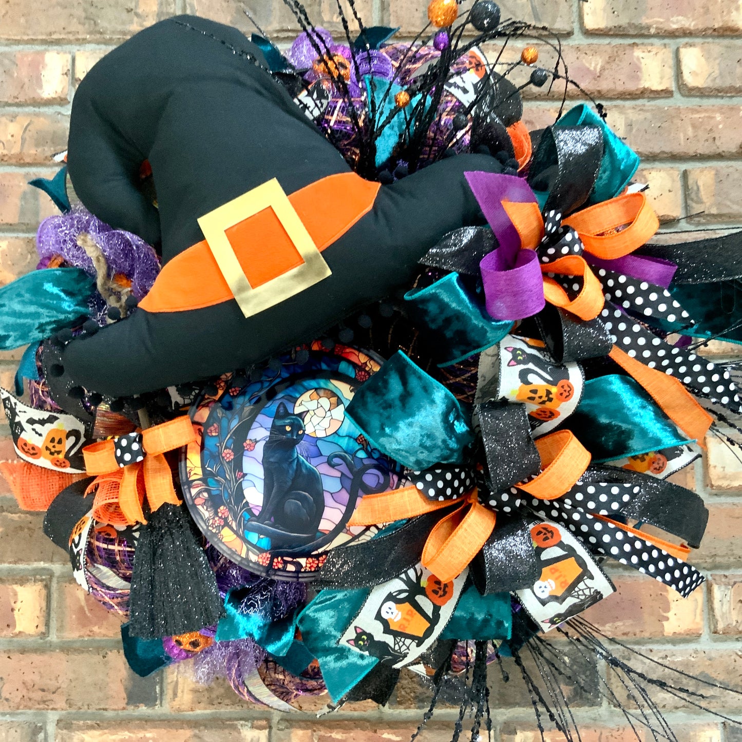 Witch Cat Wreath, Halloween Cat Door Hanger, Halloween Cat Wreath, Witch Cat Decor, Cat Wreath For Halloween