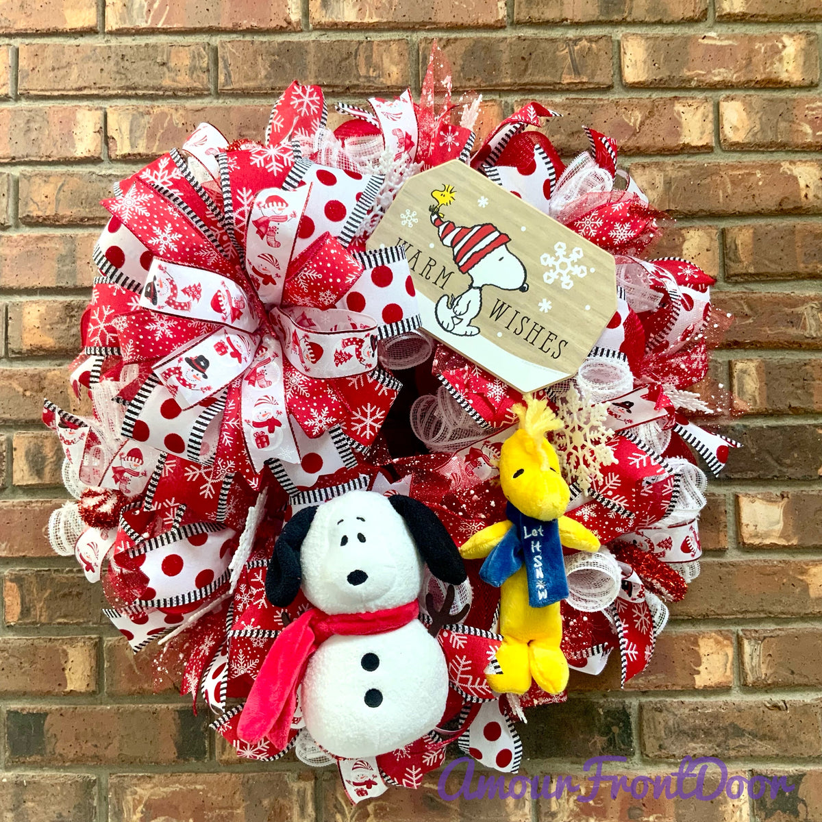 Snoopy Snowman Wreath - Warm Wishes Let It Snow Door Hanger | Red White Snowflake Christmas Decor 2026