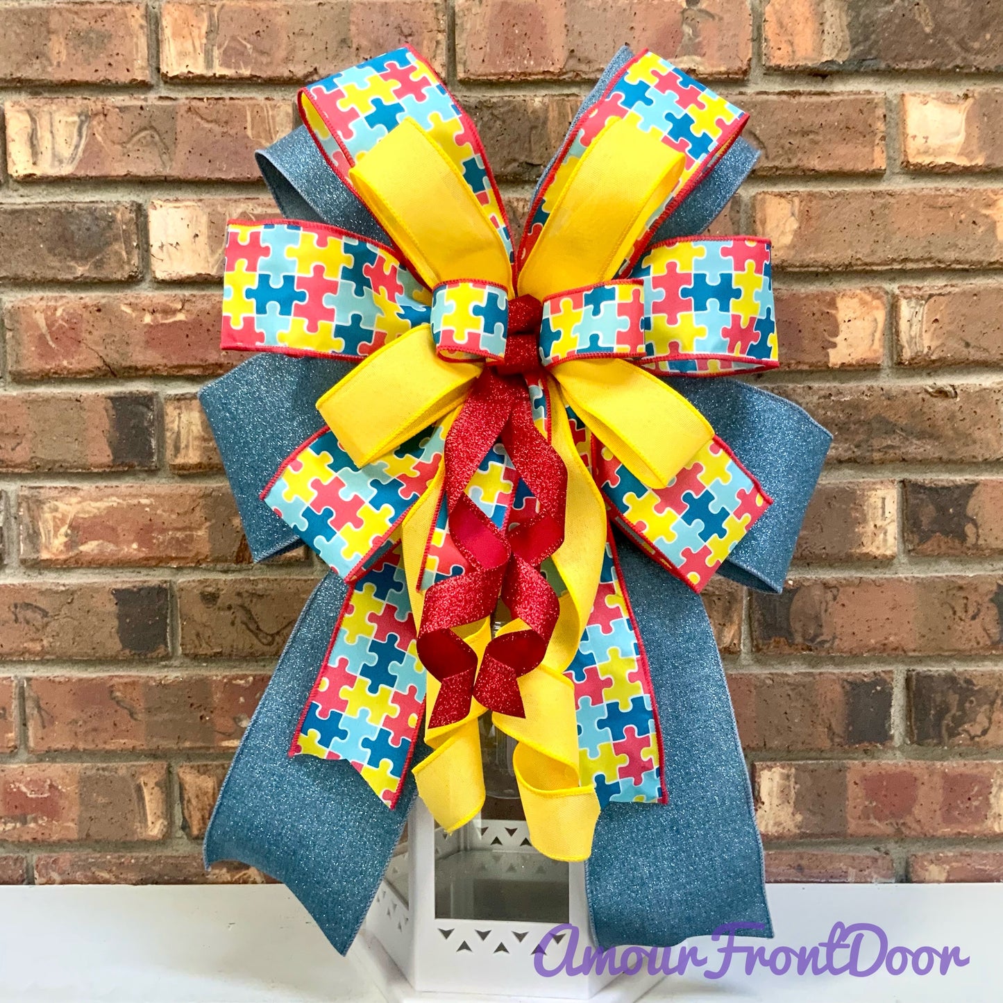 Autism Awareness Bow - Puzzle Piece Lantern Bow | Blue Red Yellow Jigsaw Autism Support Decor Until All Pieces Fit