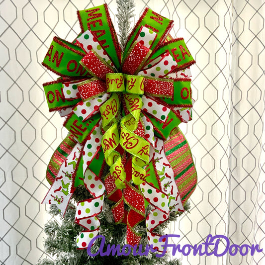 Christmas Tree Topper Bow, Grinch Tree Topper Bow, Christmas Mailbox Decor, Grinch Decor, Christmas Grinch Bow, Christmas Large Bow For Wreaths