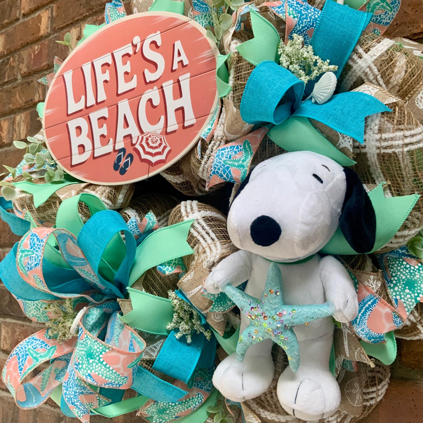 Snoopy Beach Wreath - Life's A Beach Door Hanger | Teal Blue Starfish Seashell Summer Coastal Decor 2026