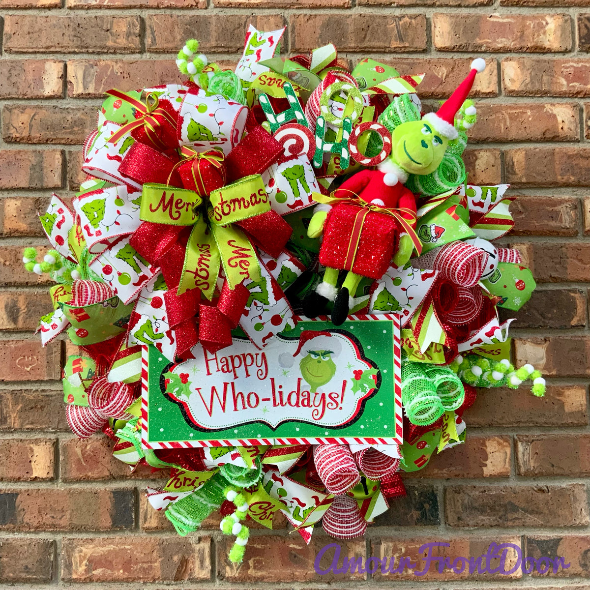Grinch Christmas Wreath - Happy Who-lidays! | Red & Lime Green Holiday Door Decor 2026
