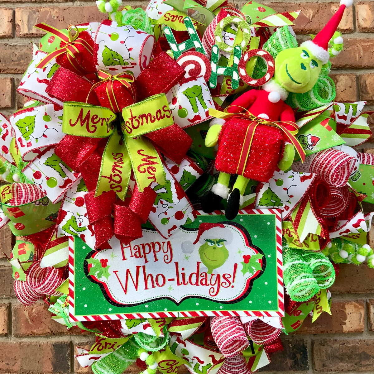 Grinch Christmas Wreath - Happy Who-lidays! | Red & Lime Green Holiday Door Decor 2026
