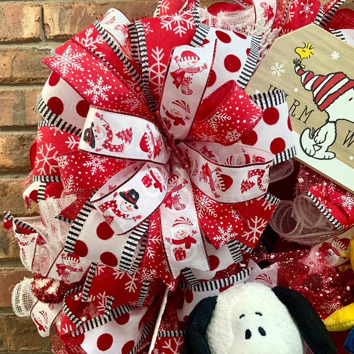 Snoopy Snowman Wreath - Warm Wishes Let It Snow Door Hanger | Red White Snowflake Christmas Decor 2026