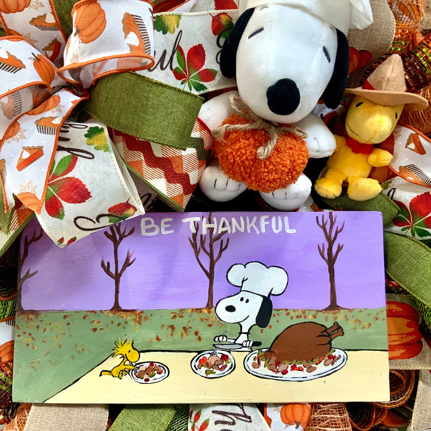 Thanksgiving Snoopy Wreath, Thanksgiving Peanuts Decor, Fall Snoopy Wreath, Snoopy and Woodstock Decor, Fall Pumpkin Door Hanger, Custom Order