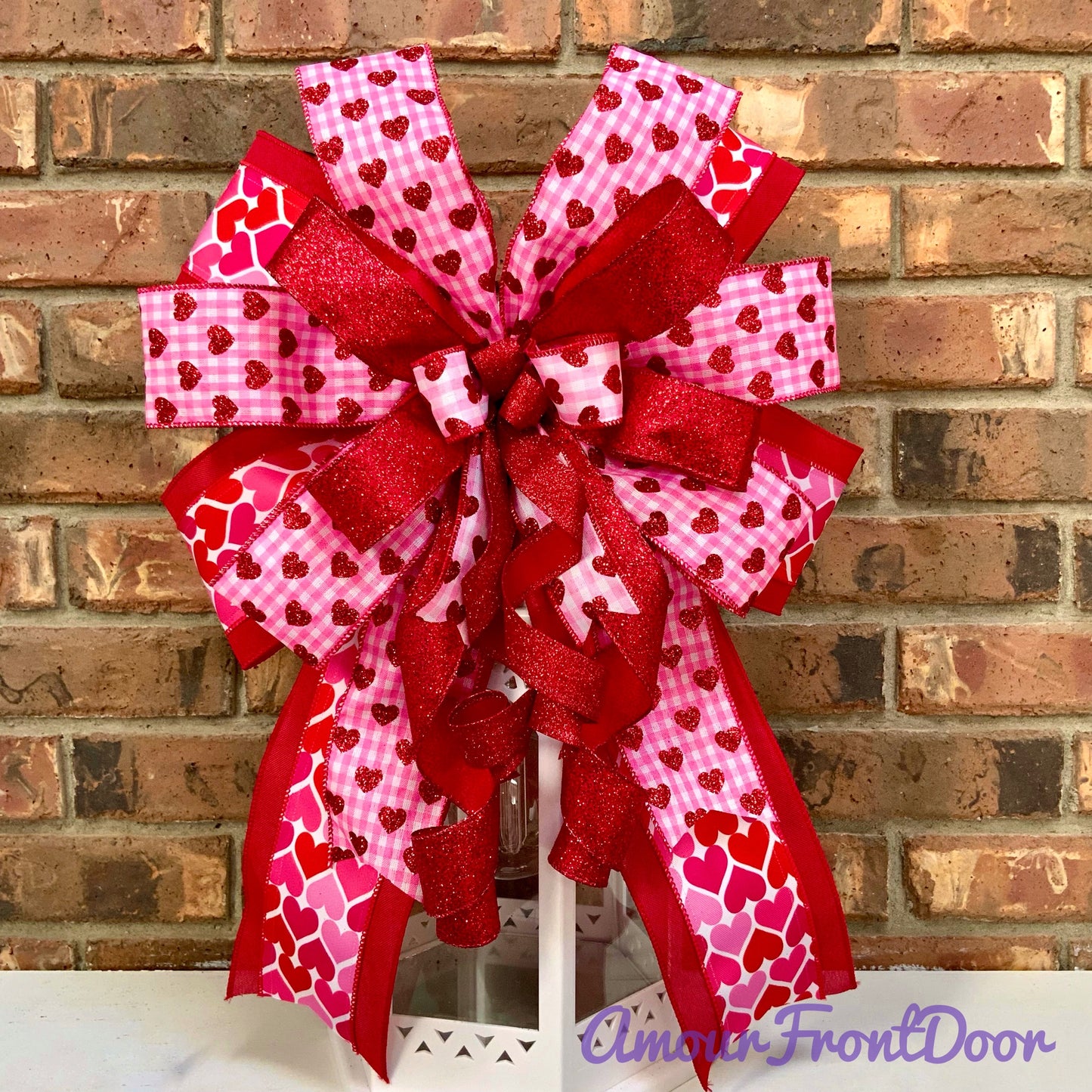 Valentine's Day Bow - Pink Red Heart Lantern Bow with Glitter & Conversation Hearts | Wreath Mailbox Sconce Decor 2025