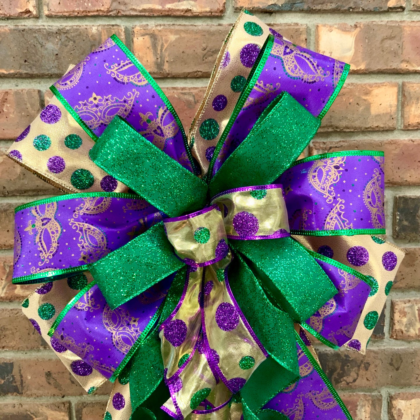 Mardi Gras Bow - Purple Gold Green Glittered Lantern Bow with Mask Patterns | Fat Tuesday Wreath & Mailbox Decor for New Orleans Celebration 2025