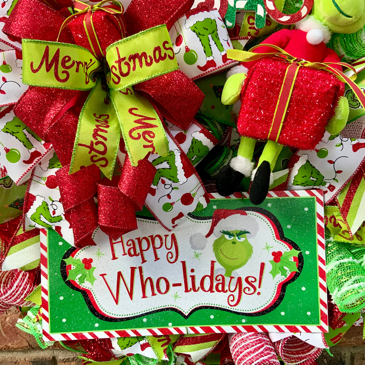 Grinch Christmas Wreath - Happy Who-lidays! | Red & Lime Green Holiday Door Decor 2026