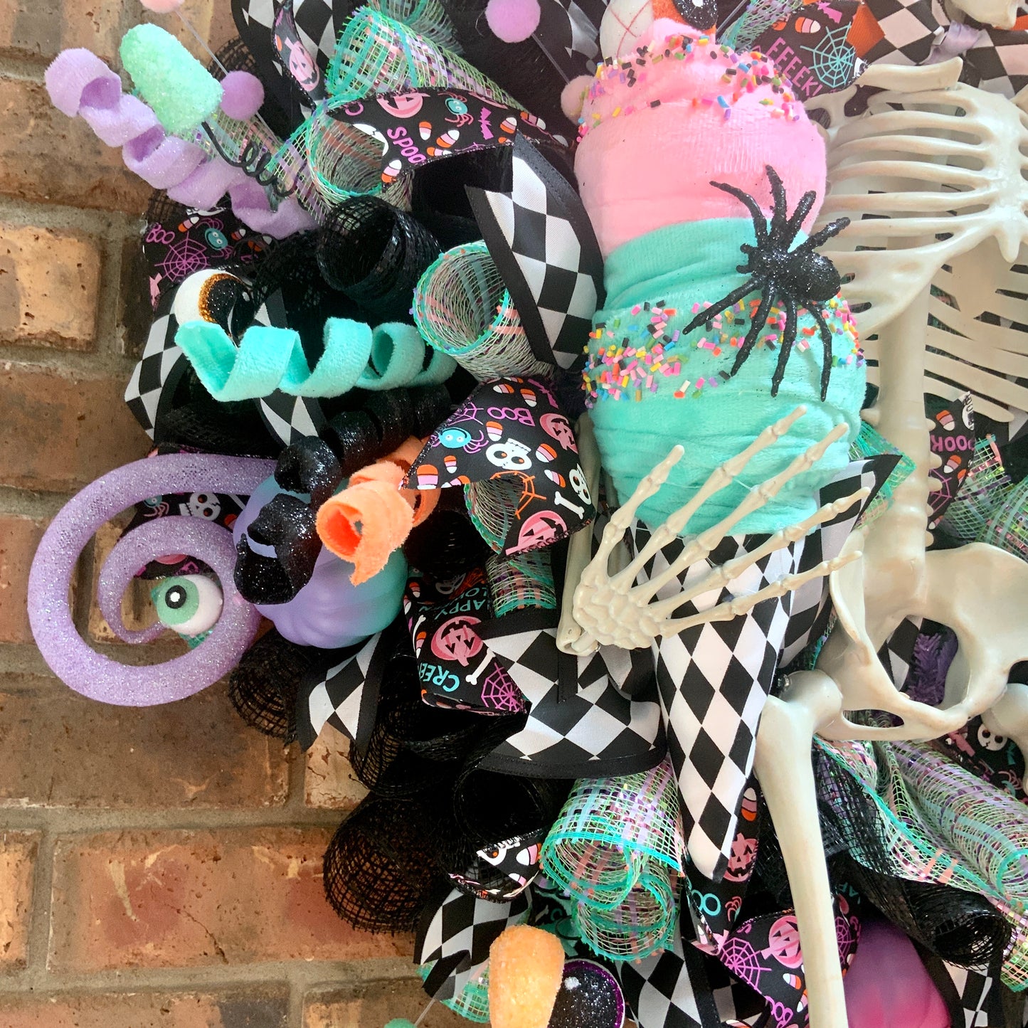 Halloween Pastel Wreath, Skeleton Door Hanger, Trick or Treat Decor, Large Halloween Wreath, Halloween Candy Wreath, Whimsical Halloween Decor