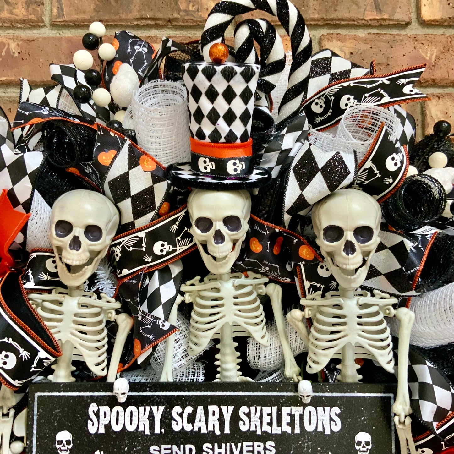 Halloween Wreath - Spooky Scary Skeletons Door Hanger | Black White Harlequin Orange Jack O Lantern 2026
