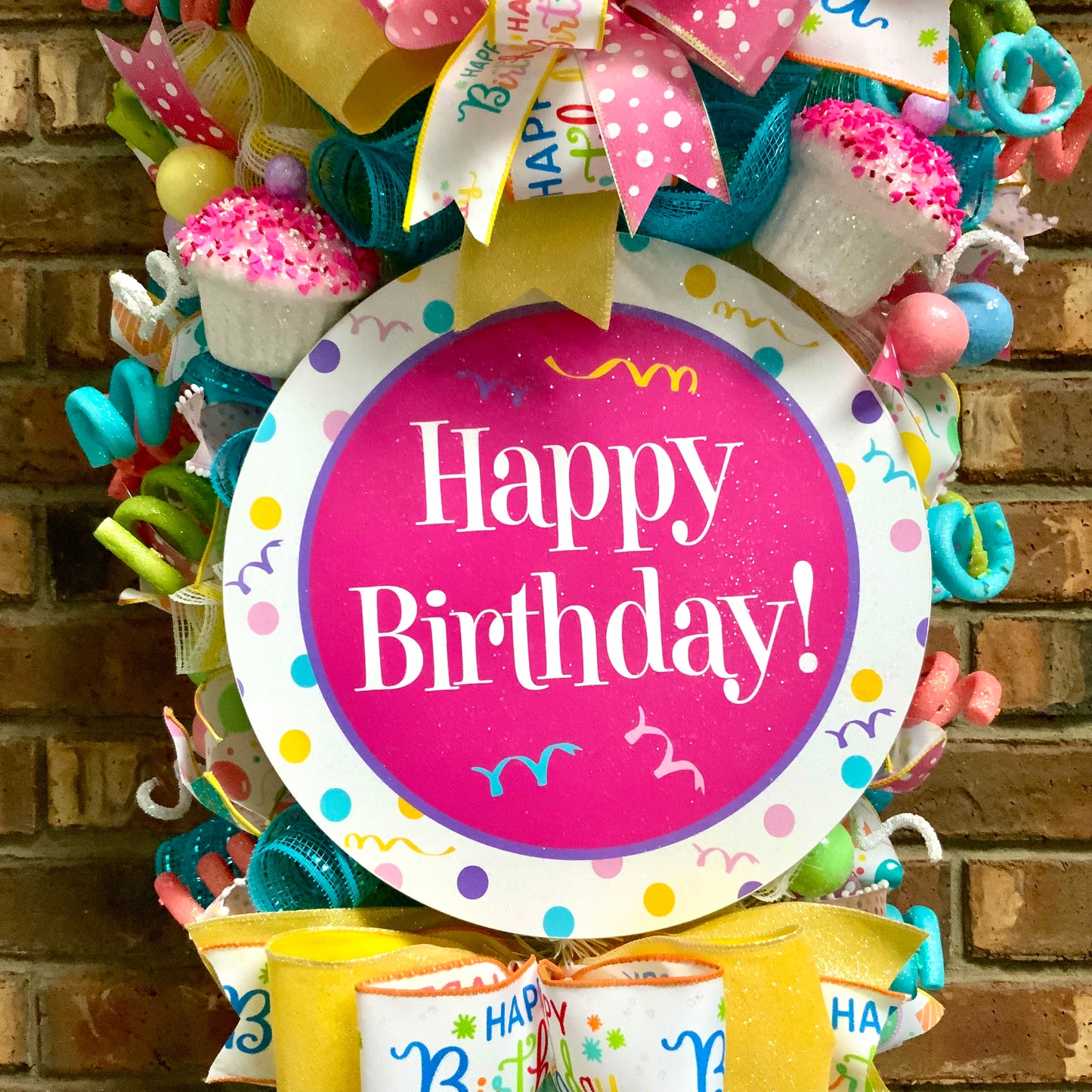 Happy Birthday Swag - Cupcake Ice Cream Cake Door Hanger | Bright Blue Pink Yellow Party Decor | Custom Order