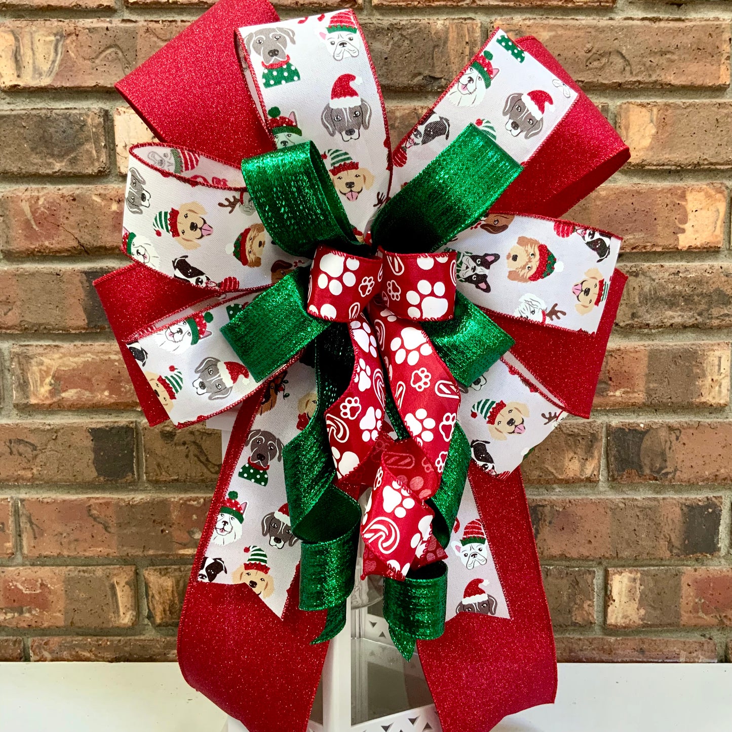 Dog Christmas Bow - Festive Paw Print & Candy Cane Lantern Bow | Holiday Dog Decor 2025