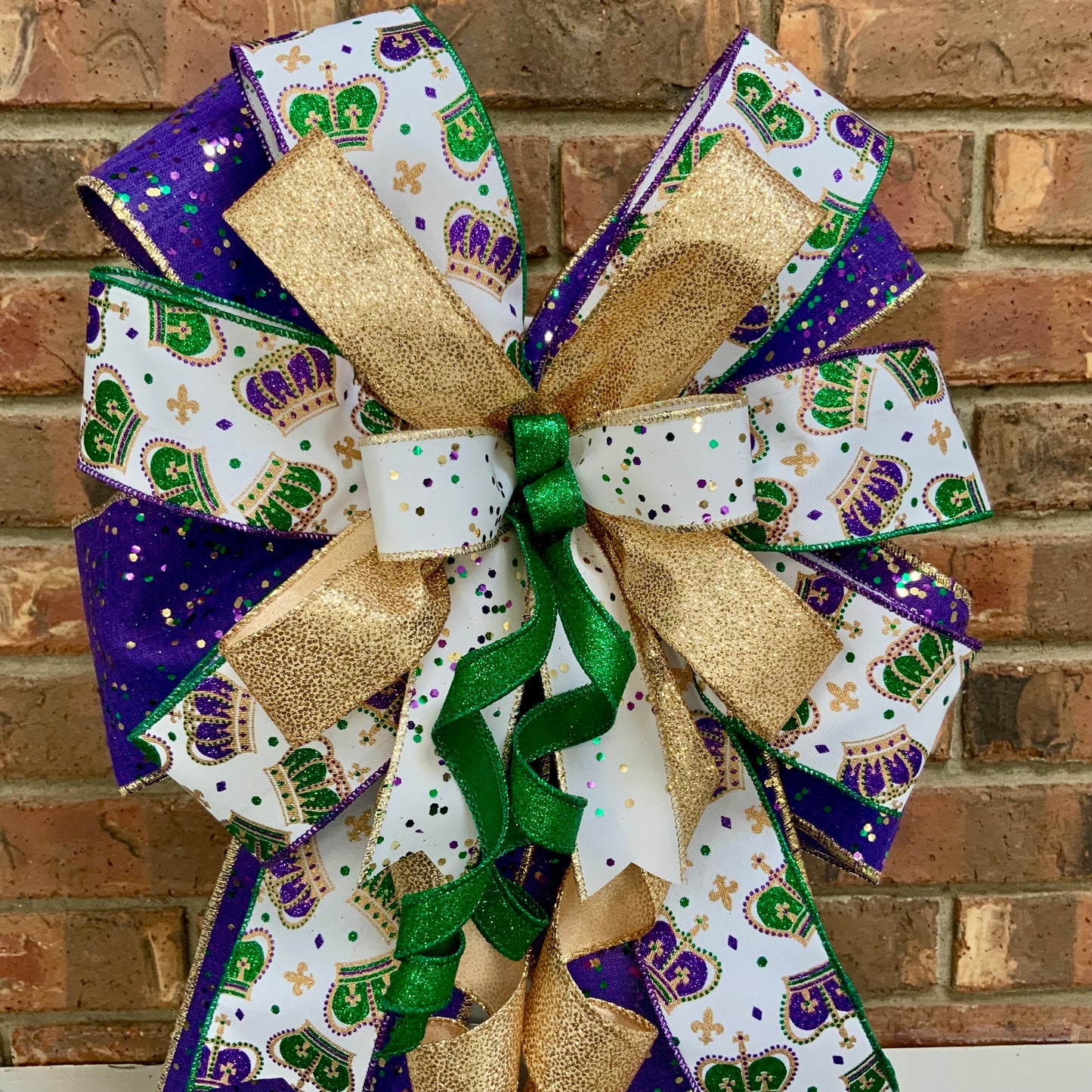 Mardi Gras Bow - Purple Gold Green Glittered Lantern Bow with Mask Patterns | Fat Tuesday Wreath & Mailbox Decor for New Orleans Celebration 2025