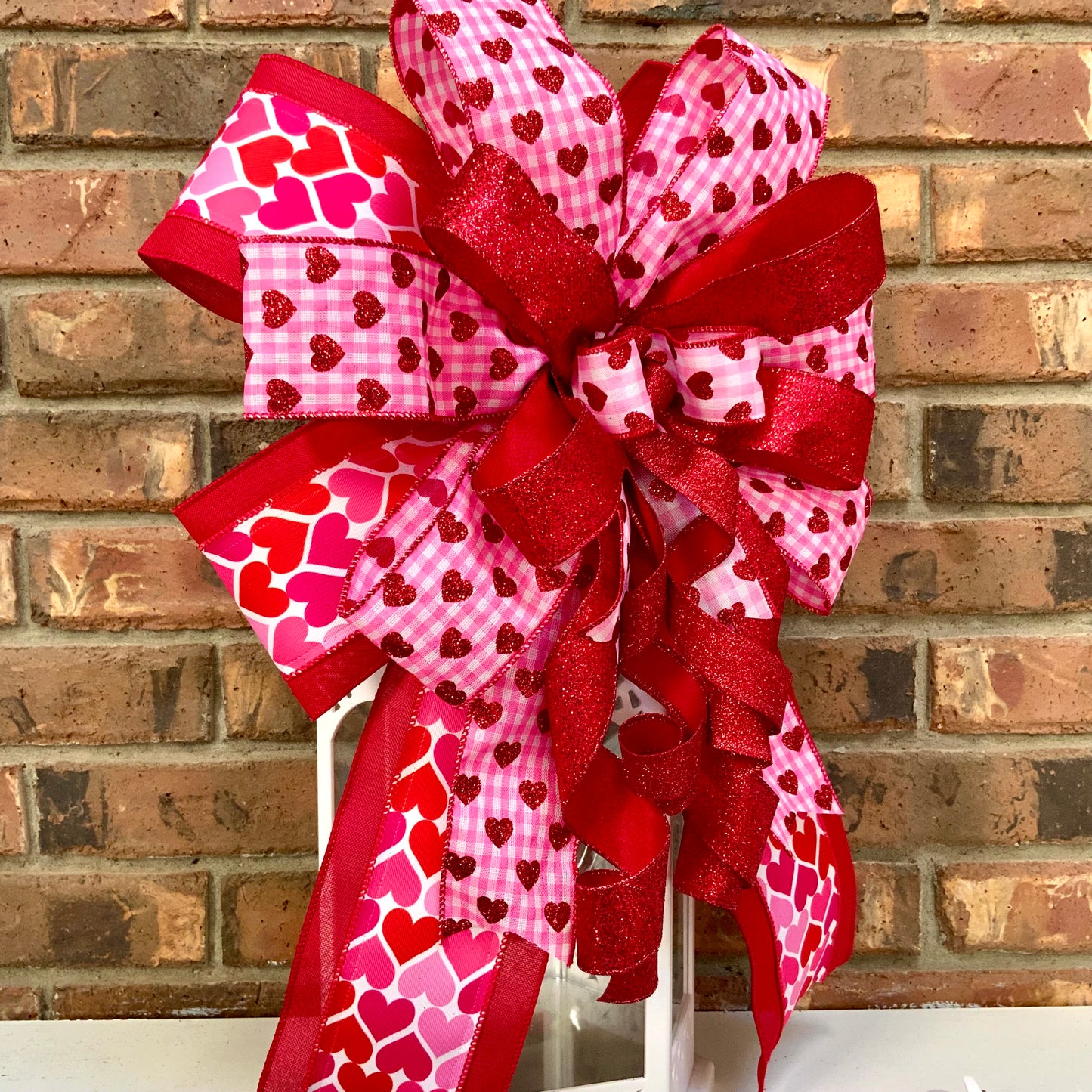 Valentine's Day Bow - Pink Red Heart Lantern Bow with Glitter & Conversation Hearts | Wreath Mailbox Sconce Decor 2025