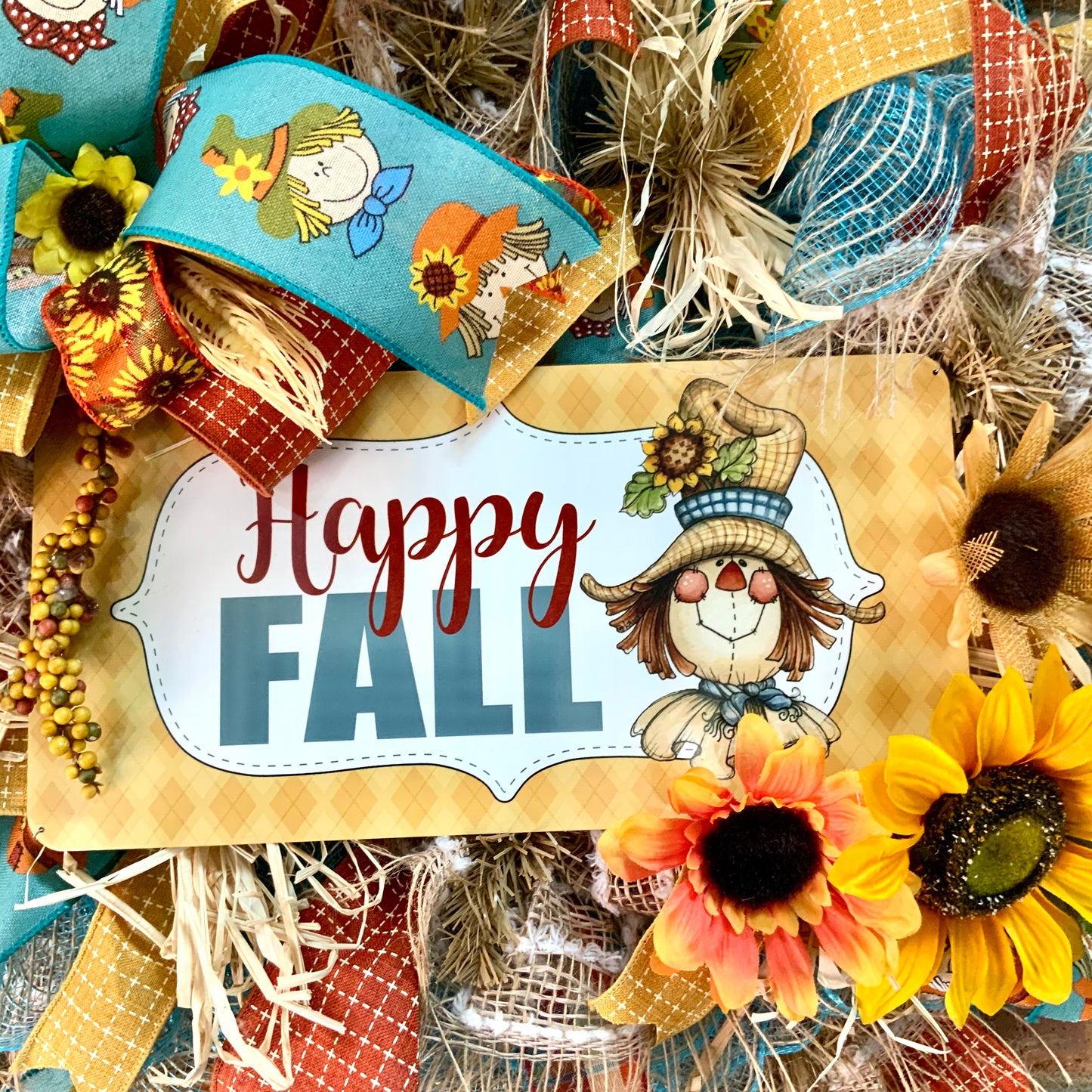Fall Scarecrow Wreath, Happy Fall Scarecrow, Fall Sunflower Wreath, Fall Straw Wreath, Large Scarecrow Wreath, Fall Country Decor