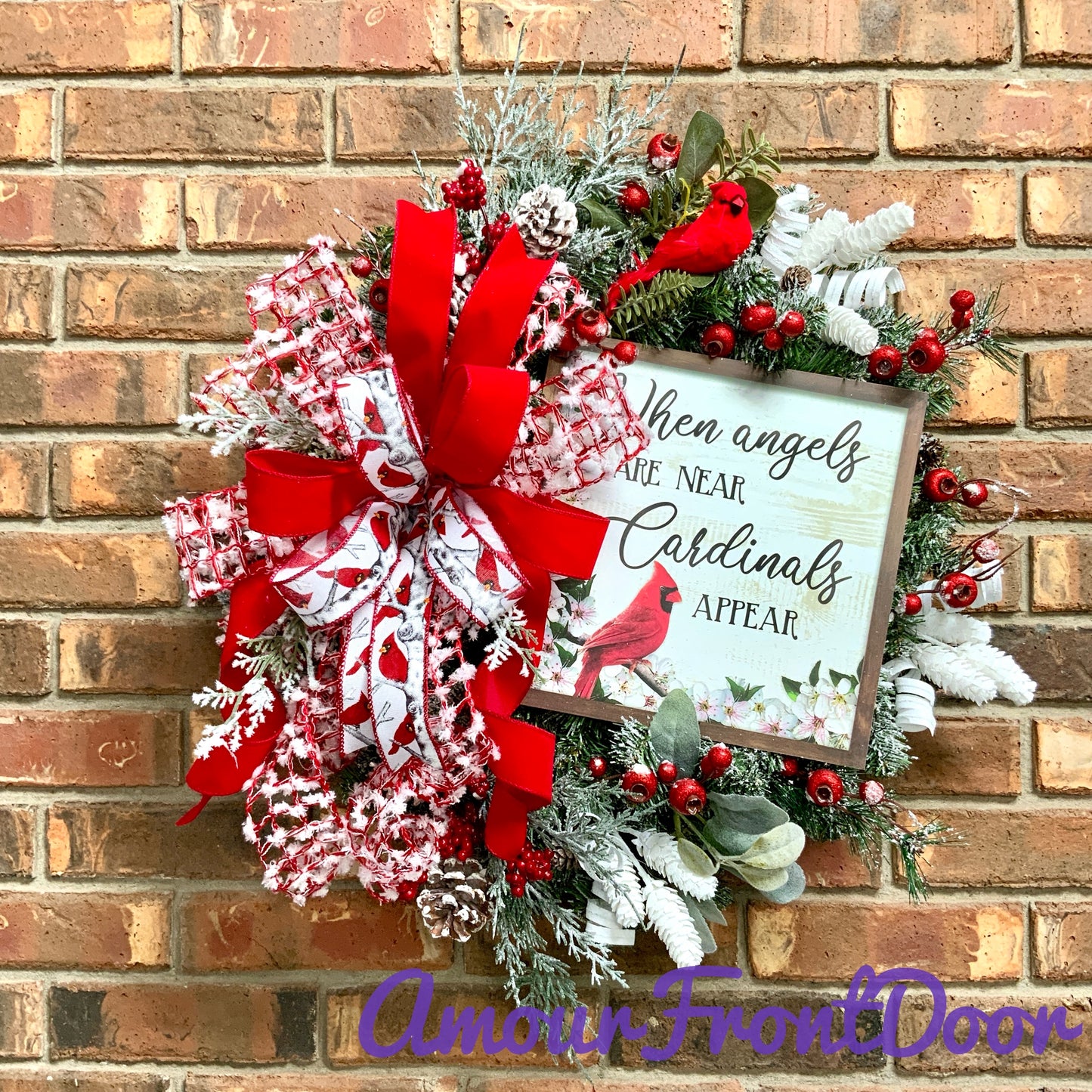 Red Cardinal Wreath, Red Cardinal Decor, Winter Wreath, Flocked Winter Wreath, Red Cardinal Door Hanger, Country Farmhouse Winter Wreath, Winter Evergreen Wreath