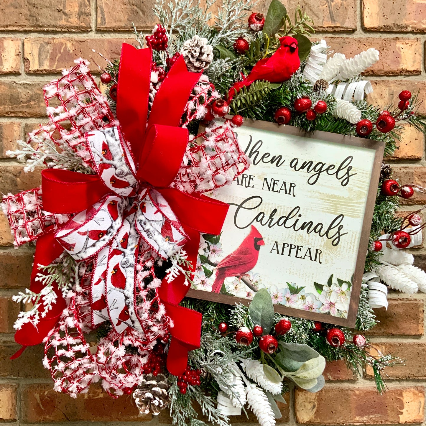 Red Cardinal Wreath, Red Cardinal Decor, Winter Wreath, Flocked Winter Wreath, Red Cardinal Door Hanger, Country Farmhouse Winter Wreath, Winter Evergreen Wreath