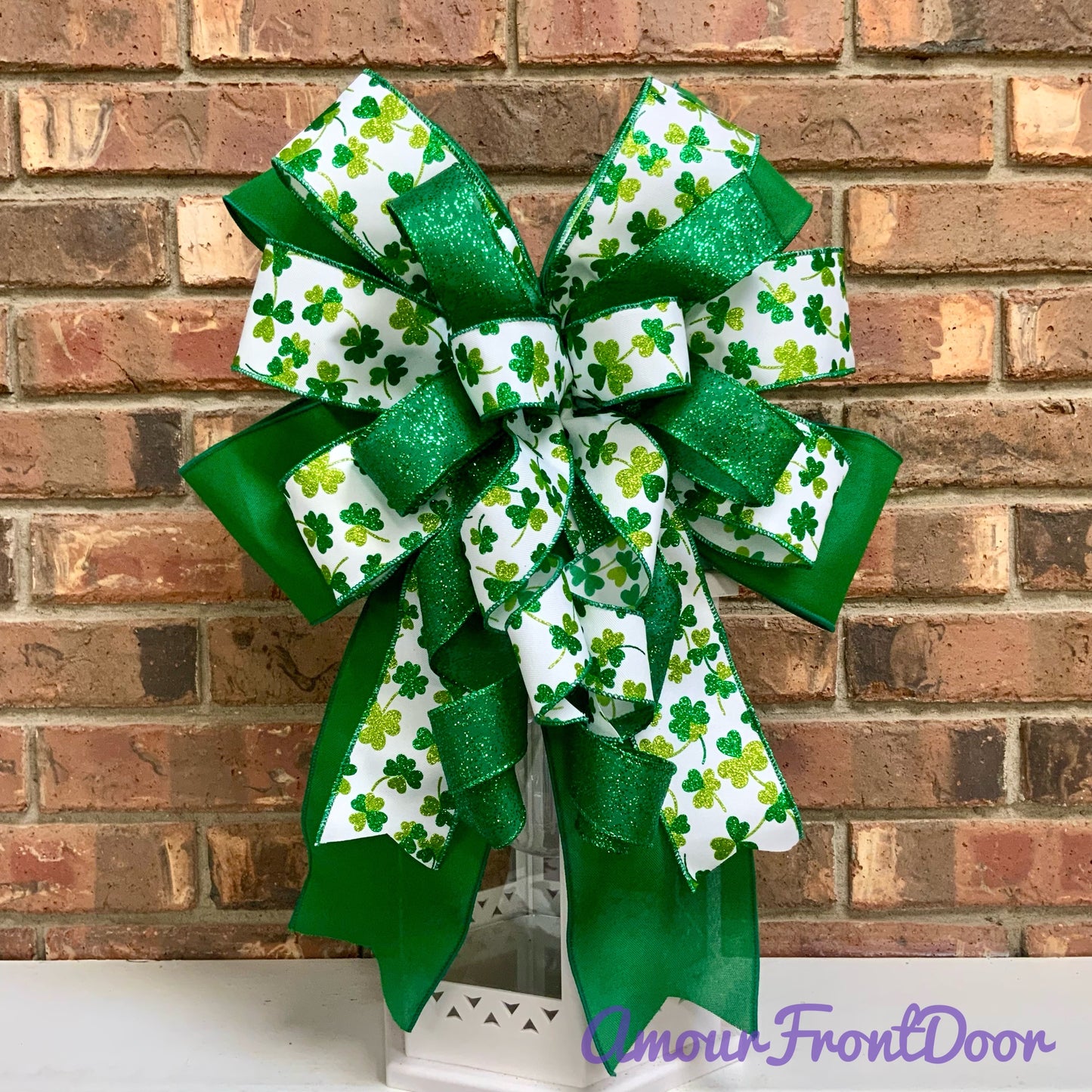 St. Patrick's Day Bow - Sparkling Green Shamrock Lantern Bow with Clovers | Luck of the Irish Wreath Mailbox Decor 2026