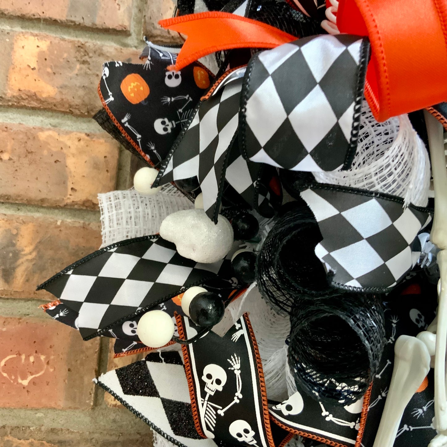 Halloween Wreath - Spooky Scary Skeletons Door Hanger | Black White Harlequin Orange Jack O Lantern 2026