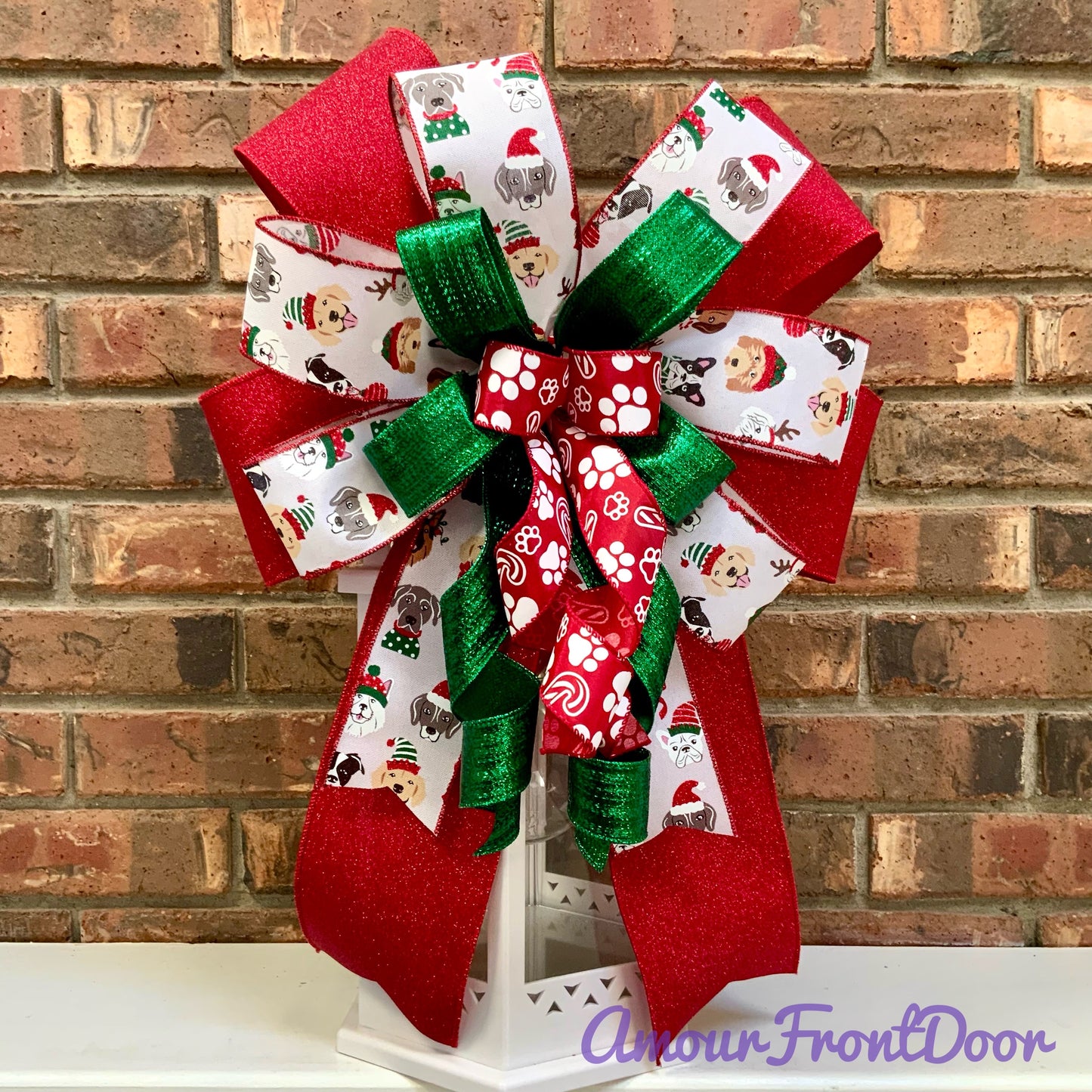 Dog Christmas Bow - Festive Paw Print & Candy Cane Lantern Bow | Holiday Dog Decor 2025