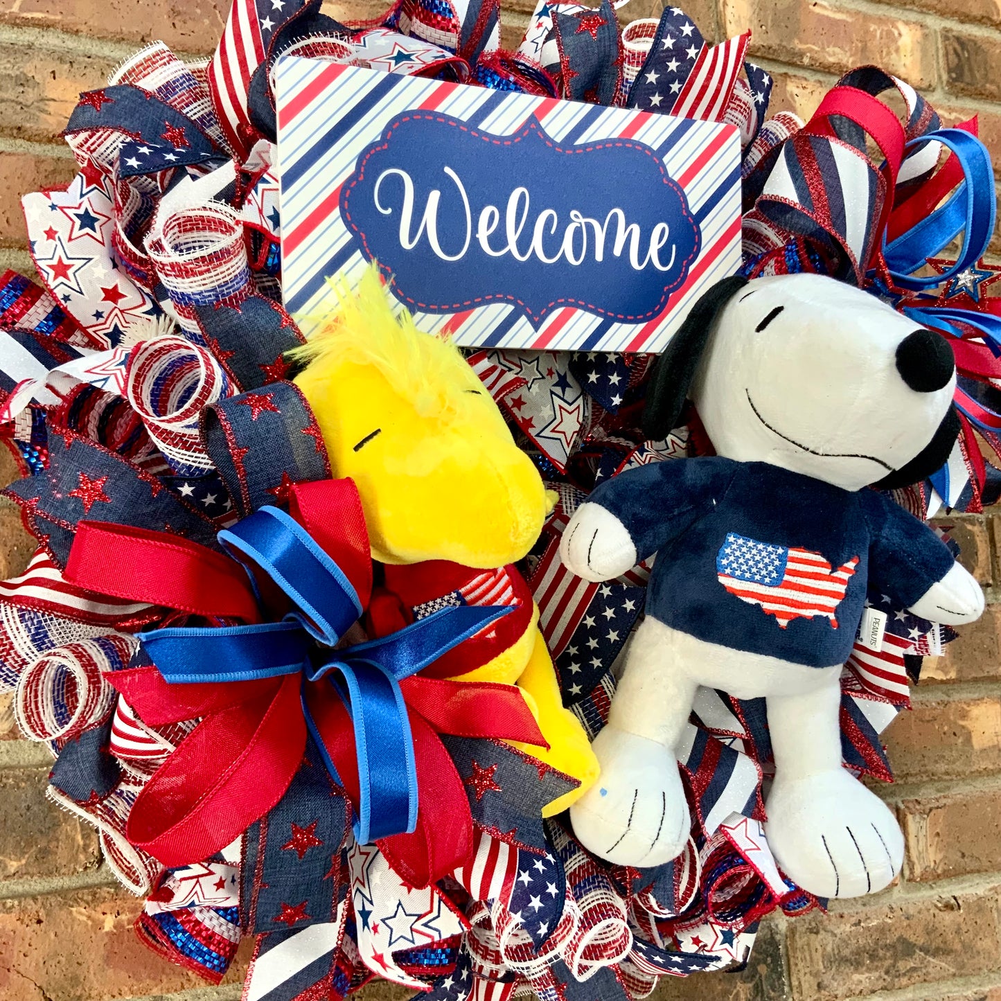 Patriotic Snoopy Wreath - Welcome USA Flag Door Hanger | Snoopy & Woodstock Red White Blue 4th of July Decor 2026
