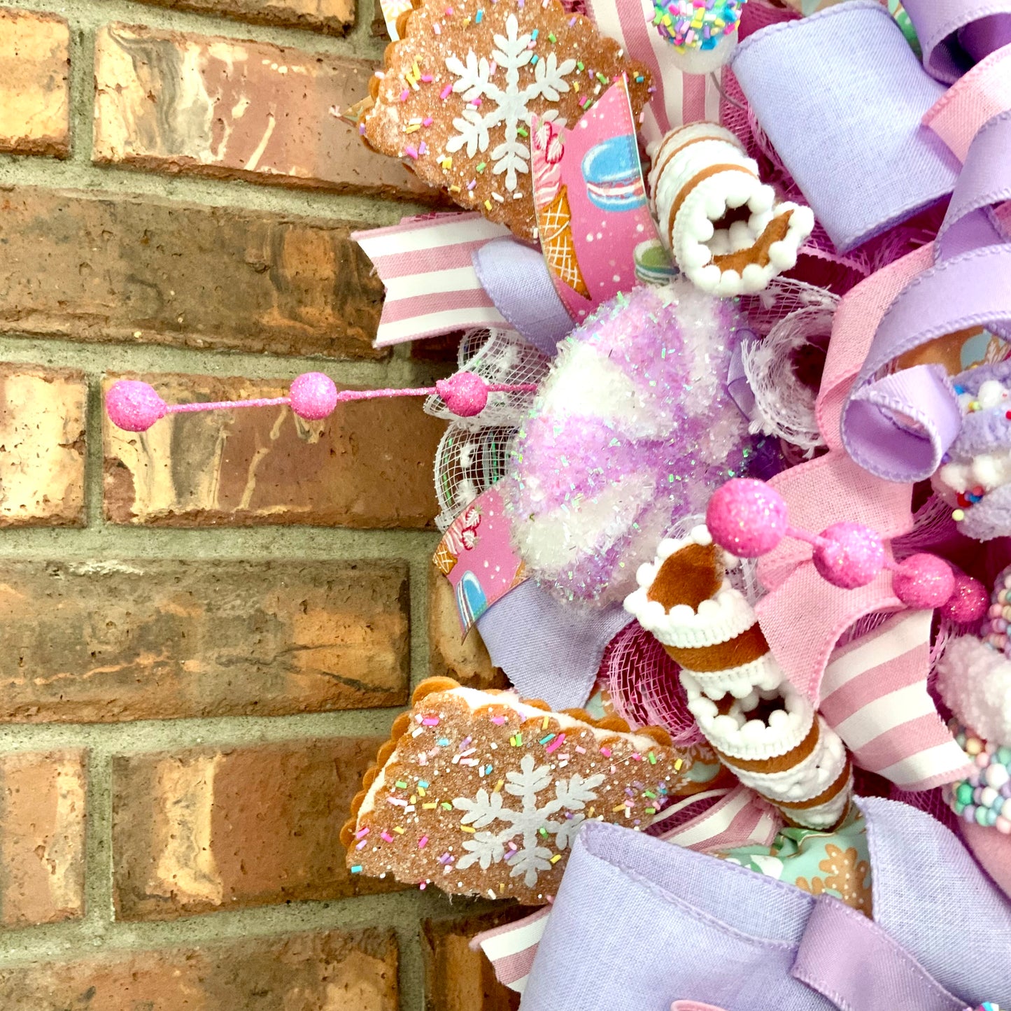 Modern Christmas Wreath - Pastel Candy Door Hanger with Macarons & Gingerbread | Large Holiday Decor