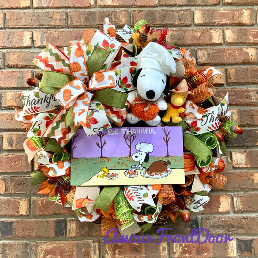 Thanksgiving Snoopy Wreath, Thanksgiving Peanuts Decor, Fall Snoopy Wreath, Snoopy and Woodstock Decor, Fall Pumpkin Door Hanger, Custom Order