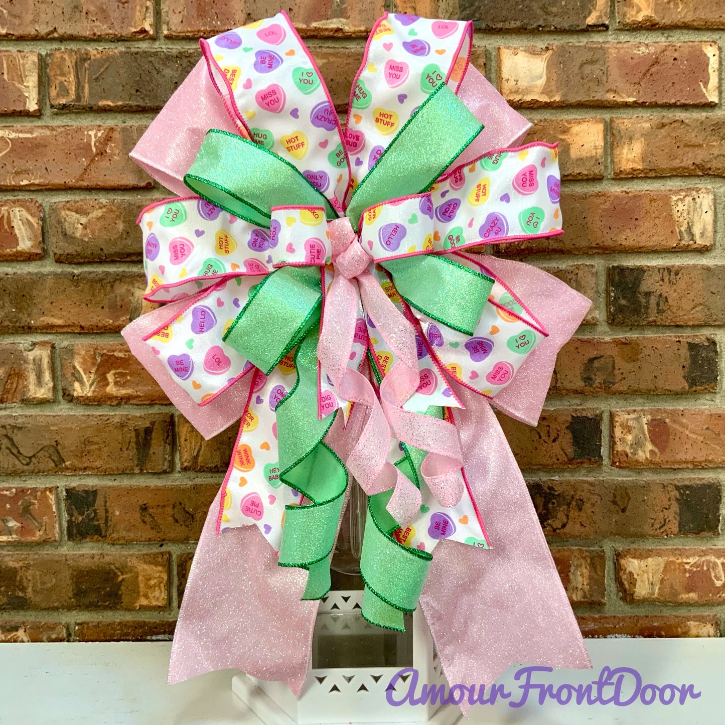 Valentine's Day Bow - Pink Red Heart Lantern Bow with Glitter & Conversation Hearts | Wreath Mailbox Sconce Decor 2025