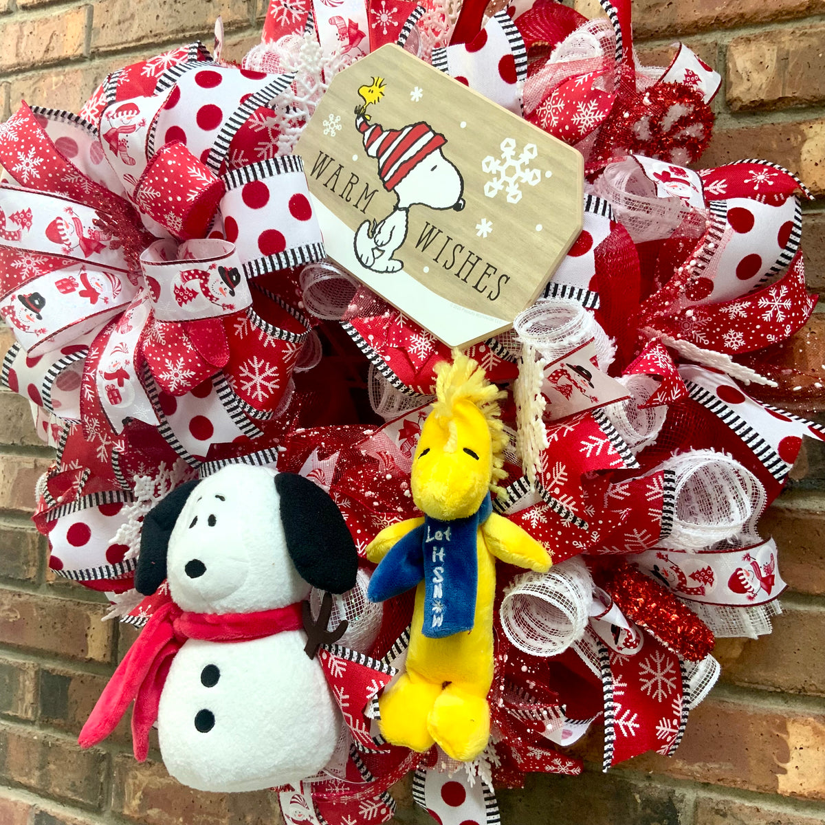 Snoopy Snowman Wreath - Warm Wishes Let It Snow Door Hanger | Red White Snowflake Christmas Decor 2026