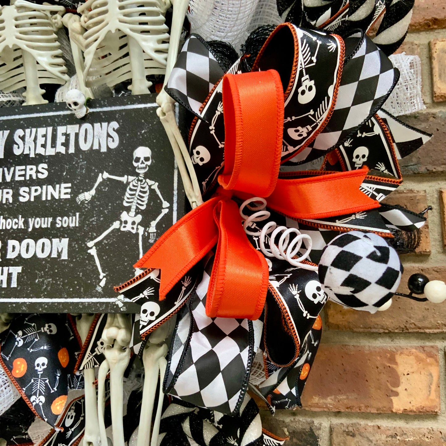 Halloween Wreath - Spooky Scary Skeletons Door Hanger | Black White Harlequin Orange Jack O Lantern 2026