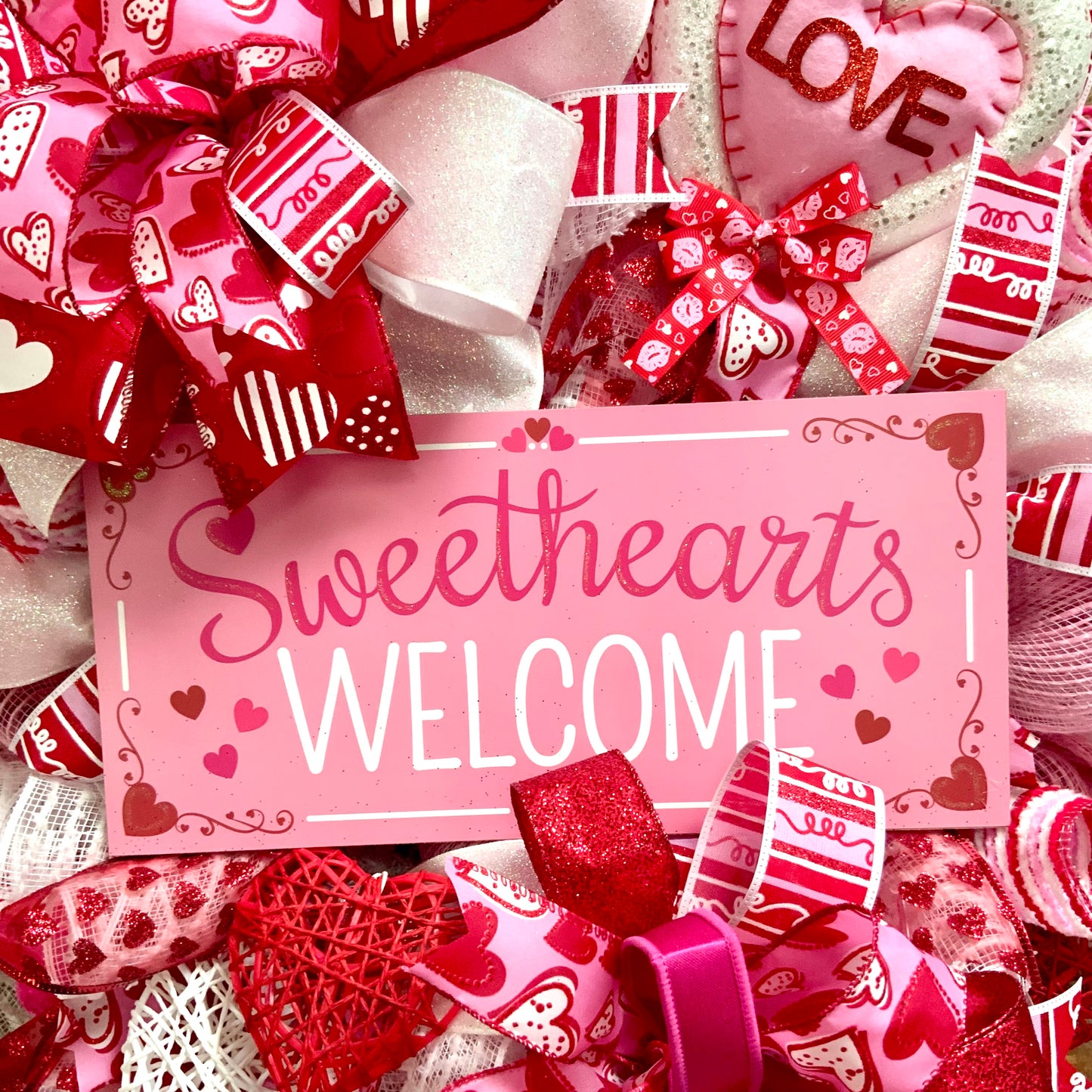 Valentine's Day Wreath - Sweethearts Welcome Heart Door Hanger | Pink Red Love Decor with Glitter & Velvet Ribbons 2026
