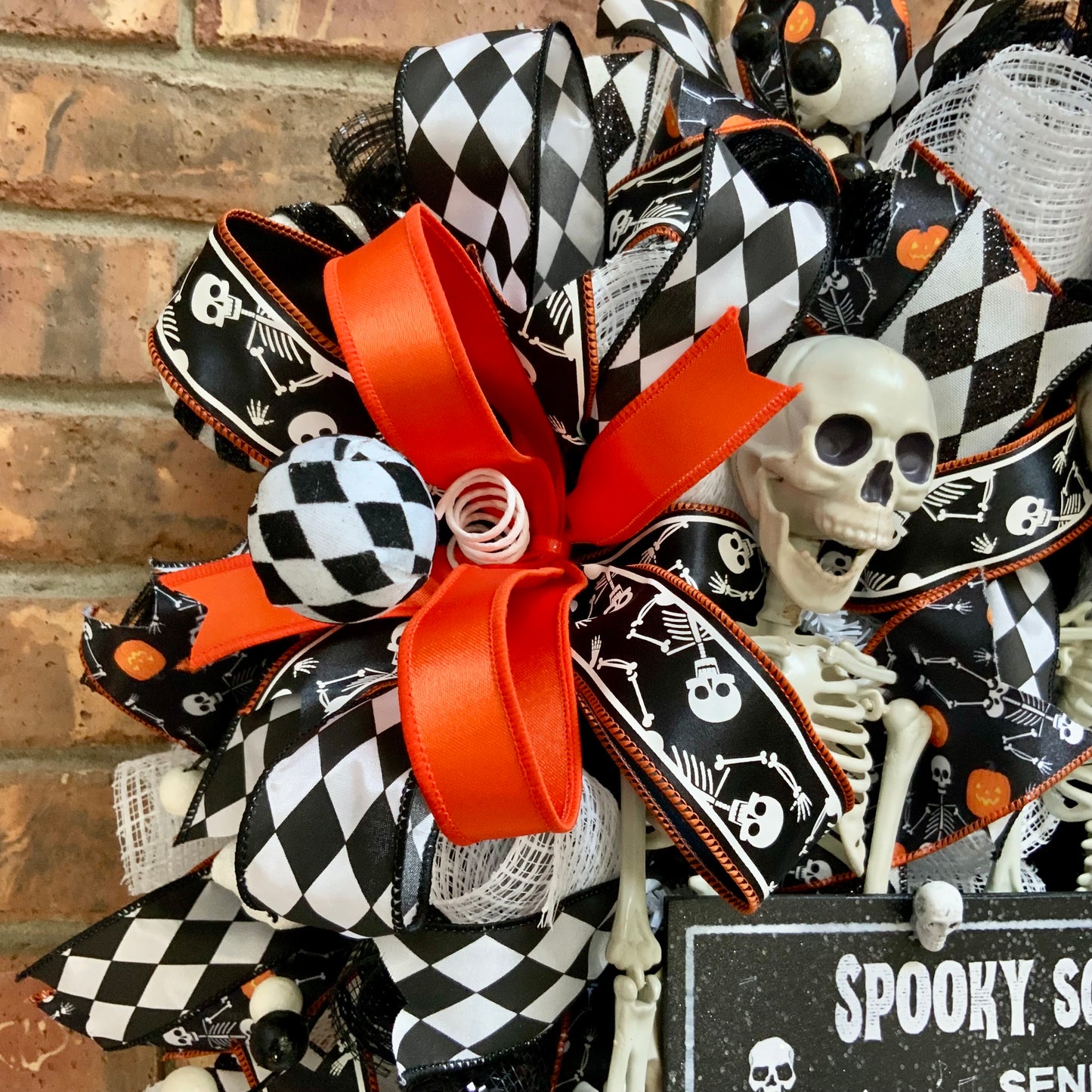 Halloween Wreath - Spooky Scary Skeletons Door Hanger | Black White Harlequin Orange Jack O Lantern 2026