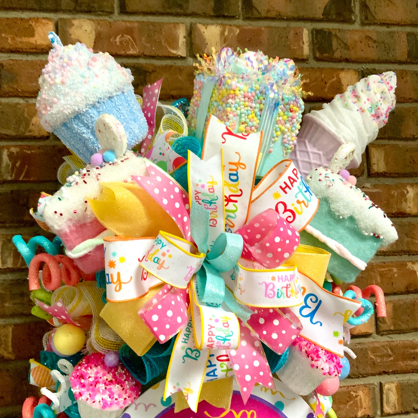 Happy Birthday Swag - Cupcake Ice Cream Cake Door Hanger | Bright Blue Pink Yellow Party Decor | Custom Order