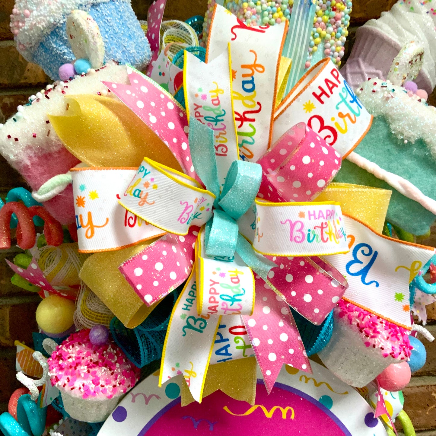 Happy Birthday Swag - Cupcake Ice Cream Cake Door Hanger | Bright Blue Pink Yellow Party Decor | Custom Order