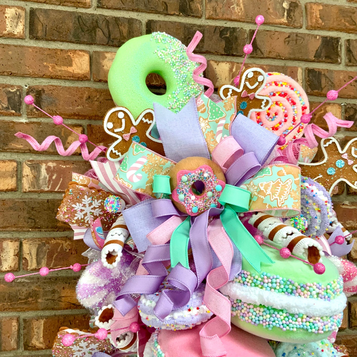 Modern Christmas Wreath - Pastel Candy Door Hanger with Macarons & Gingerbread | Large Holiday Decor