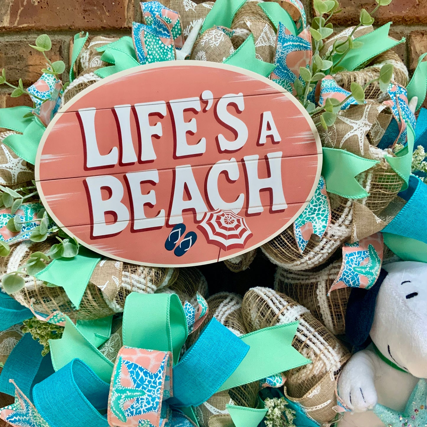 Snoopy Beach Wreath - Life's A Beach Door Hanger | Teal Blue Starfish Seashell Summer Coastal Decor 2026