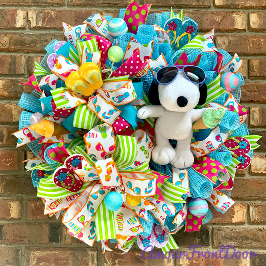 Snoopy Summer Wreath - Ice Cream Sunglasses Door Hanger | Pink Blue Flip Flop Beach Ball Decor 2026