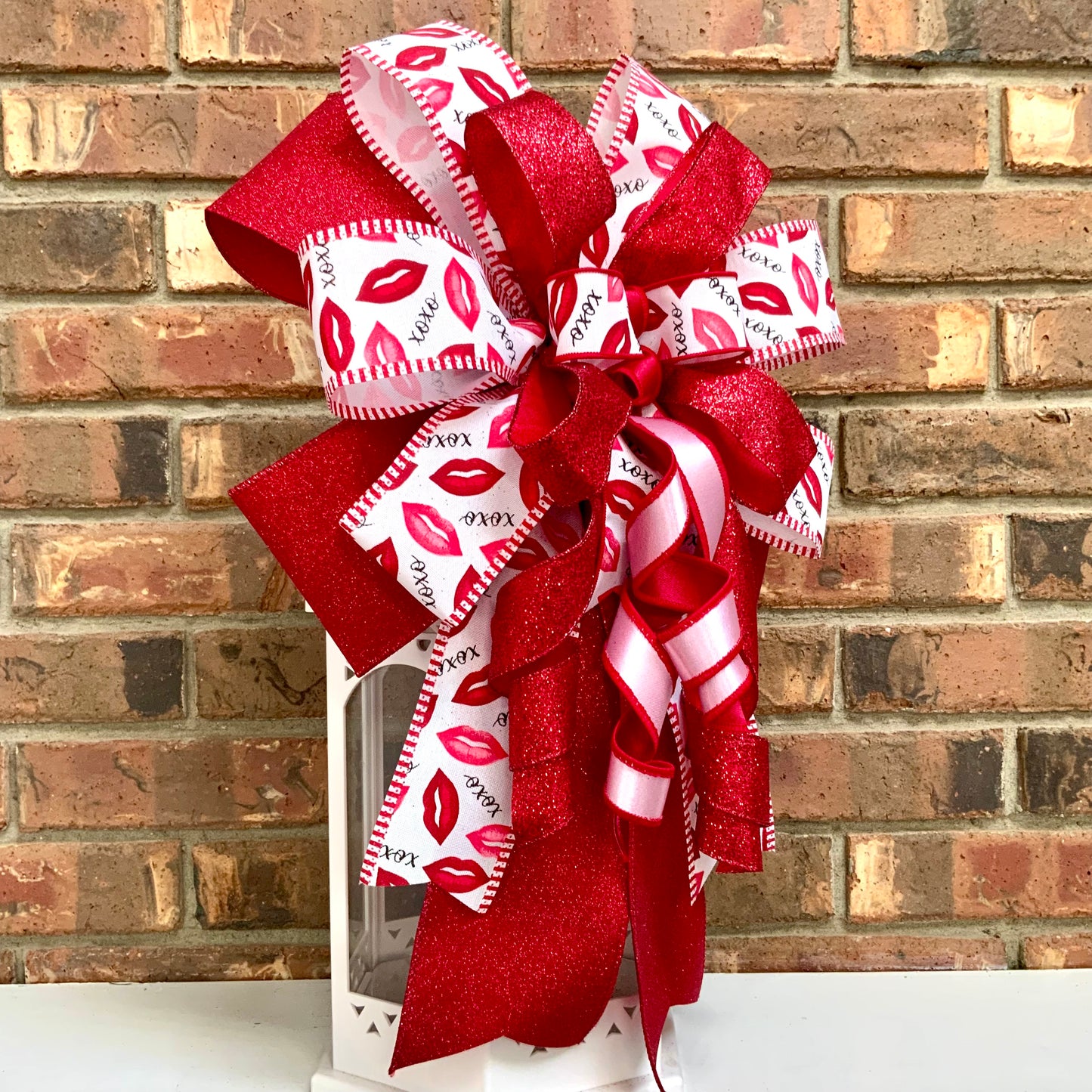 Valentine's Day Bow - Pink Red Heart Lantern Bow with Glitter & Conversation Hearts | Wreath Mailbox Sconce Decor 2025