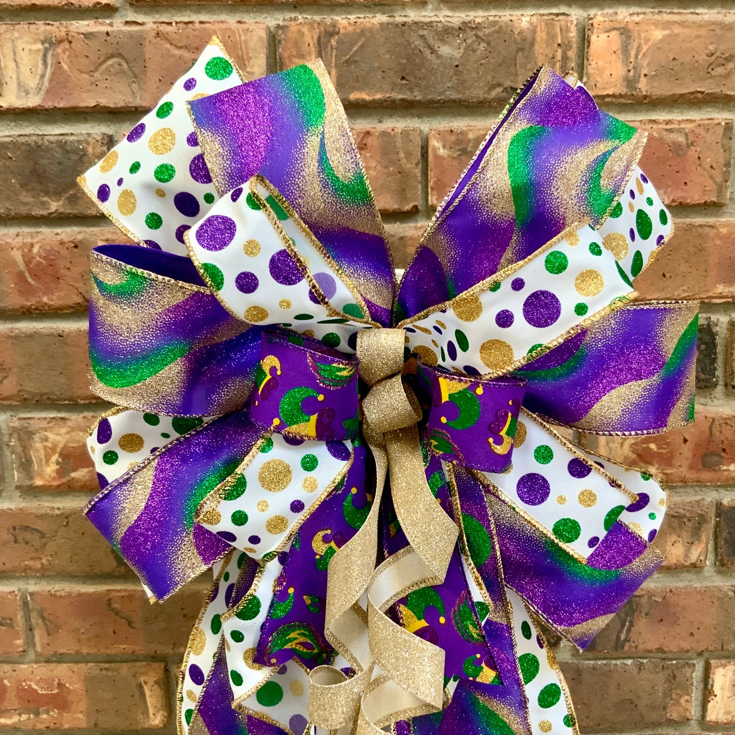 Mardi Gras Bow - Purple Gold Green Glittered Lantern Bow with Mask Patterns | Fat Tuesday Wreath & Mailbox Decor for New Orleans Celebration 2025