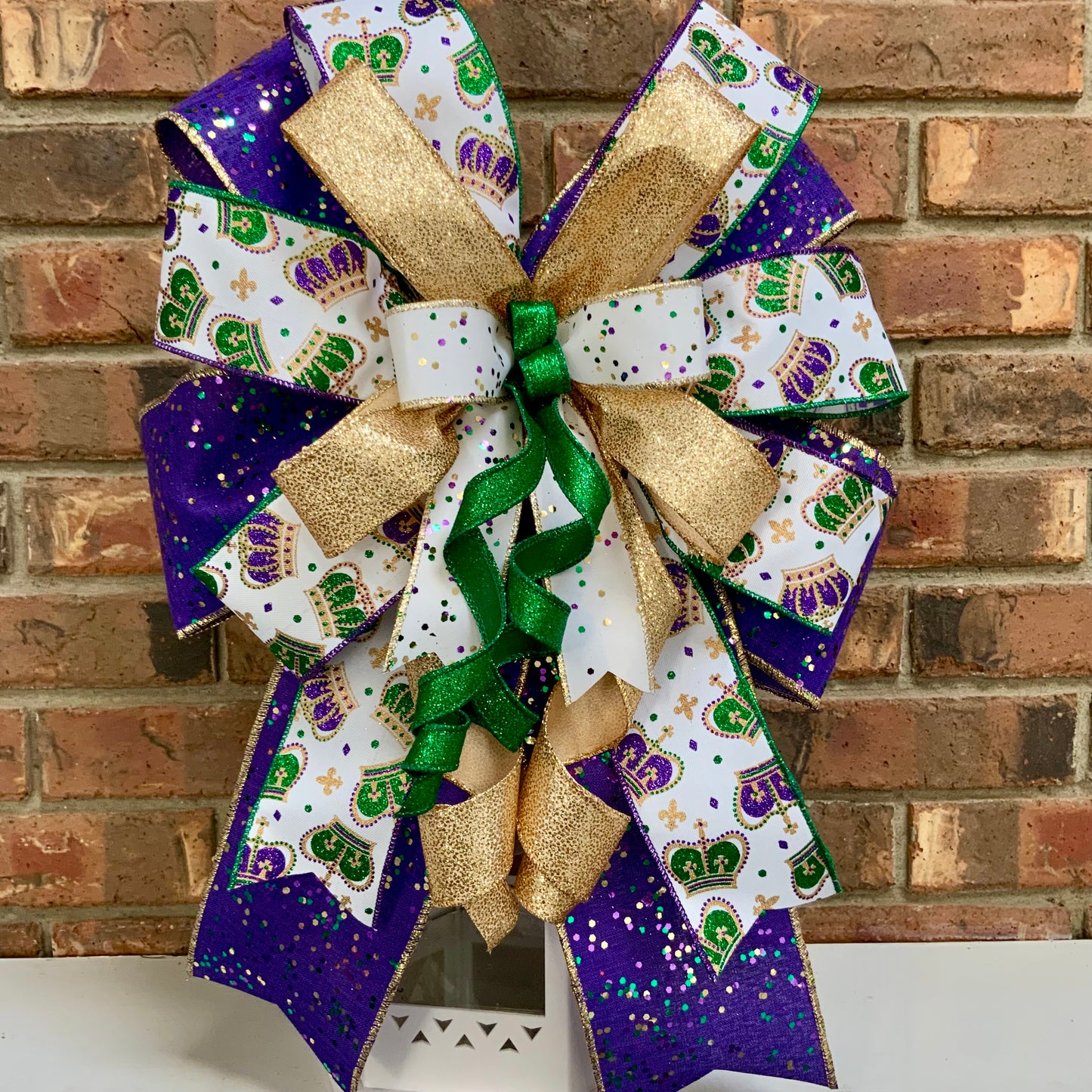 Mardi Gras Bow - Purple Gold Green Glittered Lantern Bow with Mask Patterns | Fat Tuesday Wreath & Mailbox Decor for New Orleans Celebration 2025
