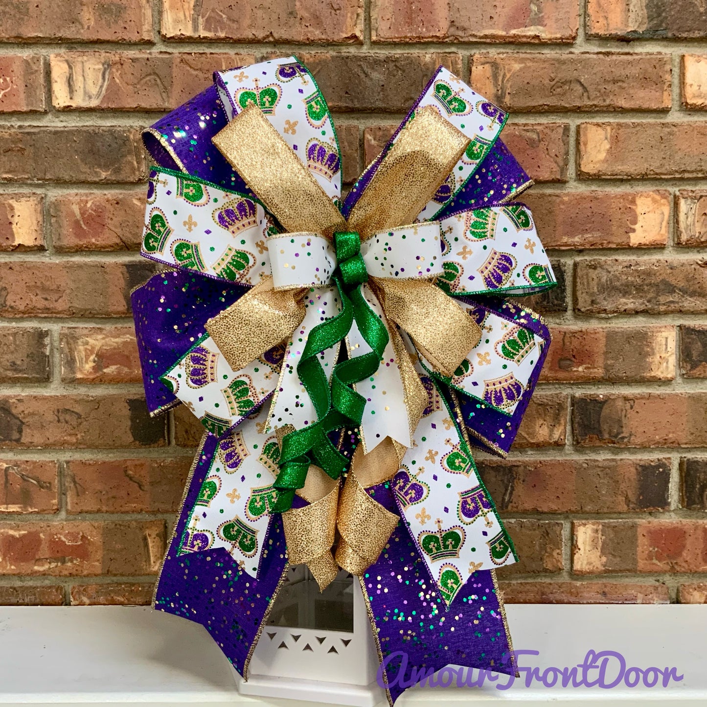 Mardi Gras Bow - Purple Gold Green Glittered Lantern Bow with Mask Patterns | Fat Tuesday Wreath & Mailbox Decor for New Orleans Celebration 2025