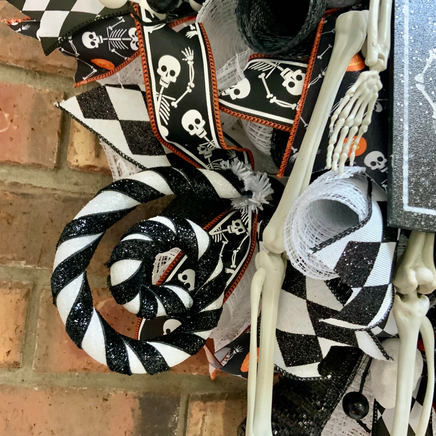 Halloween Wreath - Spooky Scary Skeletons Door Hanger | Black White Harlequin Orange Jack O Lantern 2026