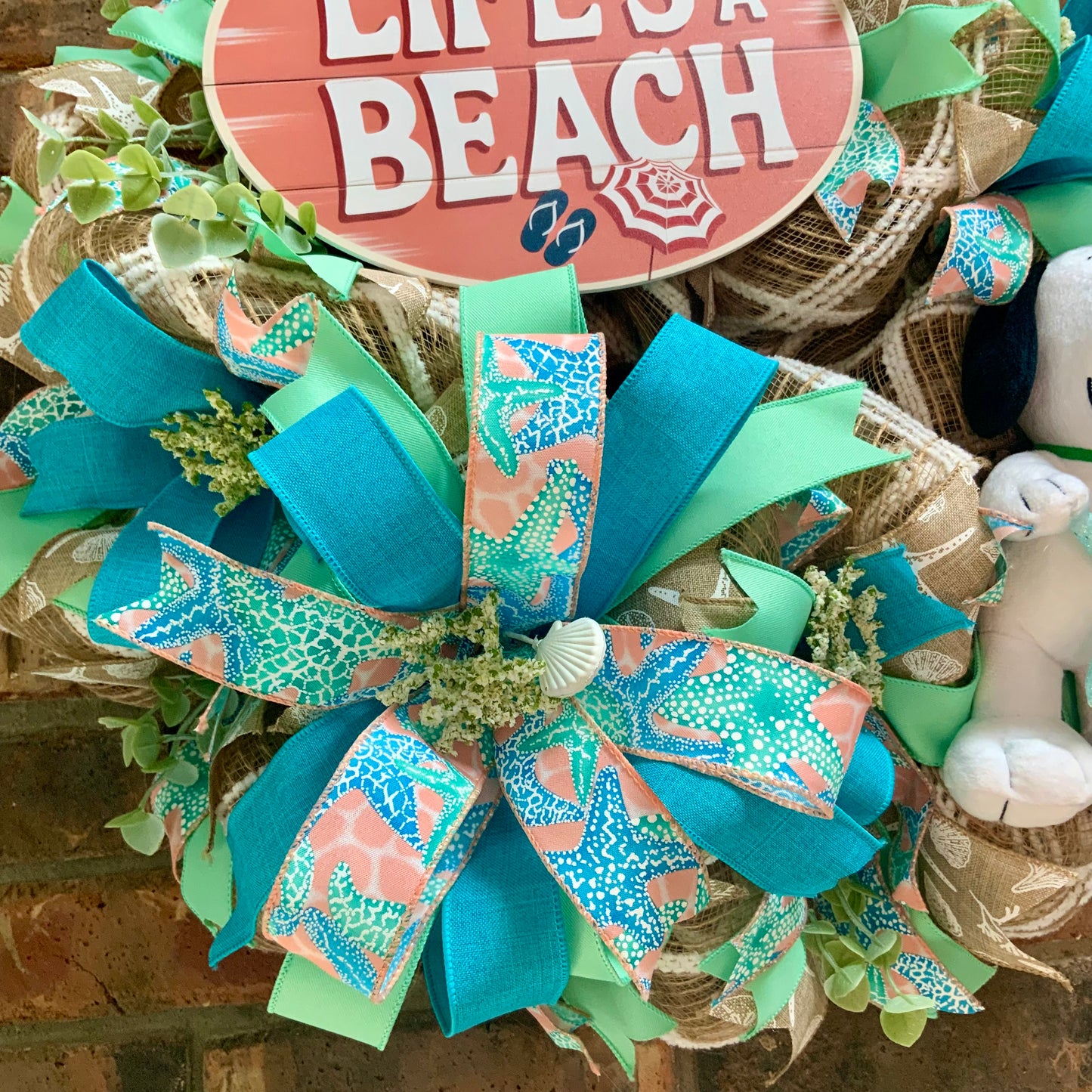 Snoopy Beach Wreath - Life's A Beach Door Hanger | Teal Blue Starfish Seashell Summer Coastal Decor 2026