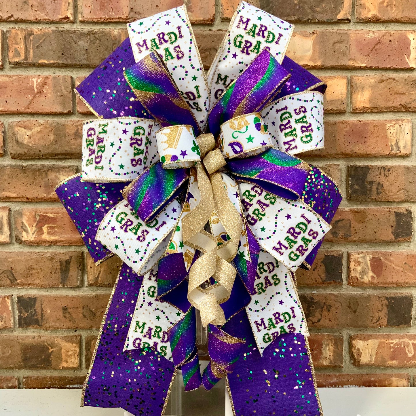 Mardi Gras Bow - Purple Gold Green Glittered Lantern Bow with Mask Patterns | Fat Tuesday Wreath & Mailbox Decor for New Orleans Celebration 2025