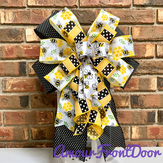 Bumble Bee Bow, Bee Bow, Lantern Bow, Mailbox Bow, Spring Bumble Bee Decor, Bee Hive Decor, Sconce Bow, Bumble Bee Bow For Wreaths