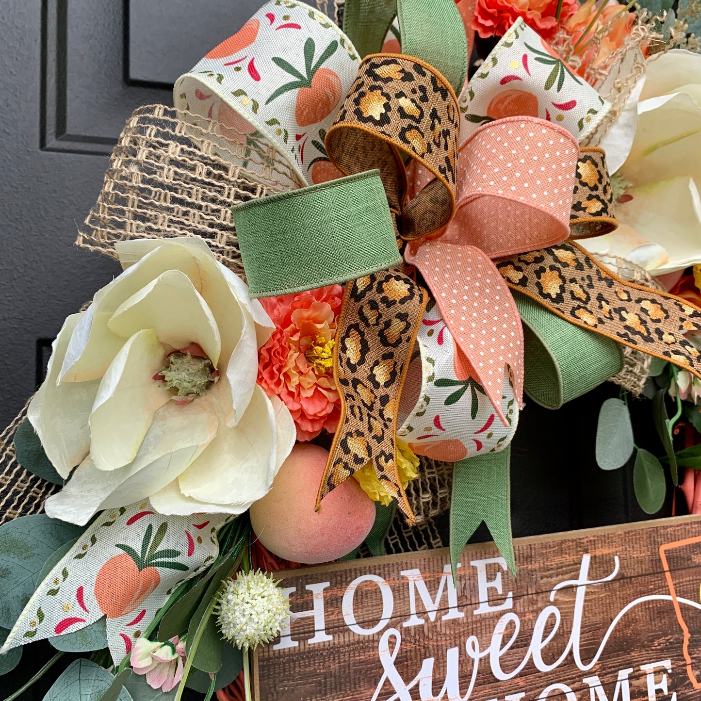 Home Sweet Home Wreath For Front Door, Magnolia Wreath, Georgia Peach Decor, Magnolia Grapevine Wreath,