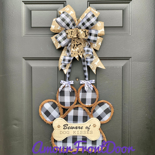 Beware of Dog Kisses Door Hanger, Dog Door Hanger, Paw Print Wreath, Dog Home Decor, Grapevine Dog Wreath For Front Door