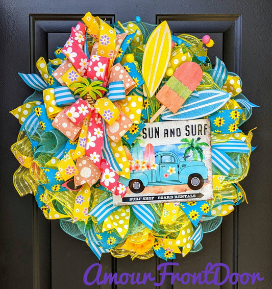 Tropical Wreath - Coastal Wreath - Beach Wreath - Surf Board Sign - Blue Truck Wreath
