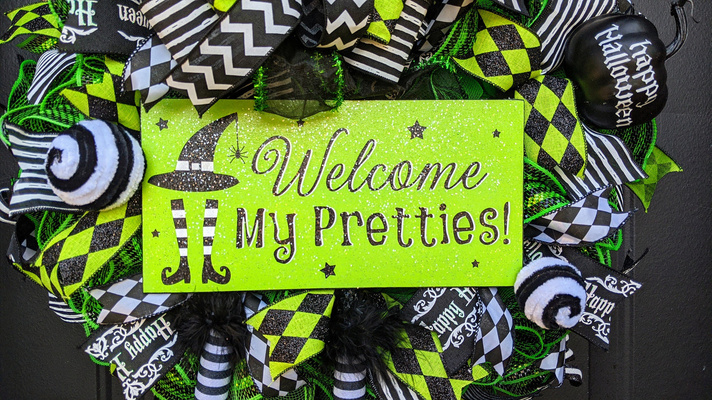 Welcome My Pretties Wreath, Witch Boot Wreath, Witch Wreath with Legs, Halloween Witch Wreath, Funny Halloween Wreath,Large Halloween Wreath