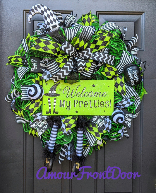 Welcome My Pretties Wreath, Witch Boot Wreath, Witch Wreath with Legs, Halloween Witch Wreath, Funny Halloween Wreath,Large Halloween Wreath